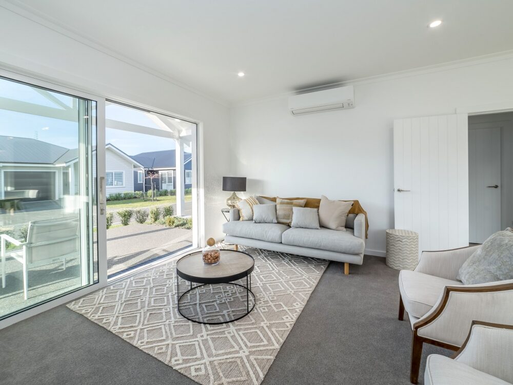 Retirement village villa living room looking to the outdoors